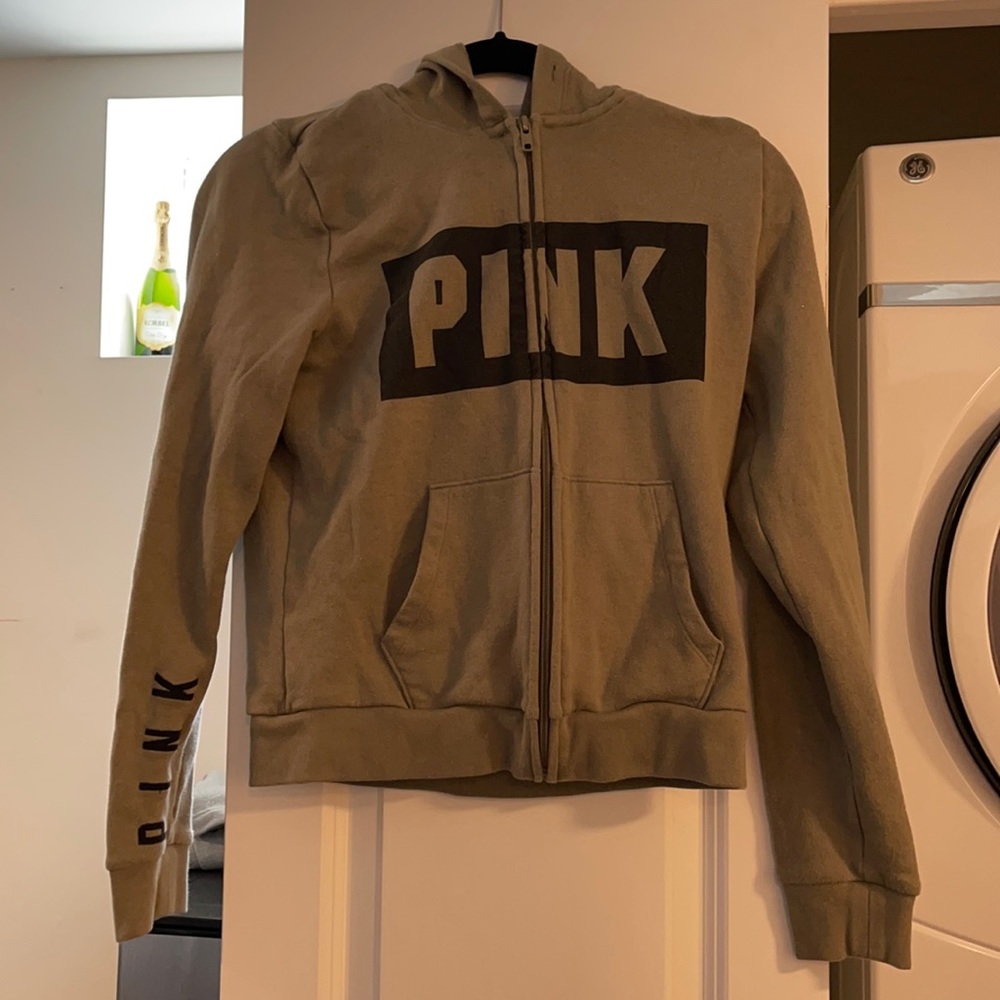 Victoria Secrets Pink gray black logo hoodie zip up Small petite